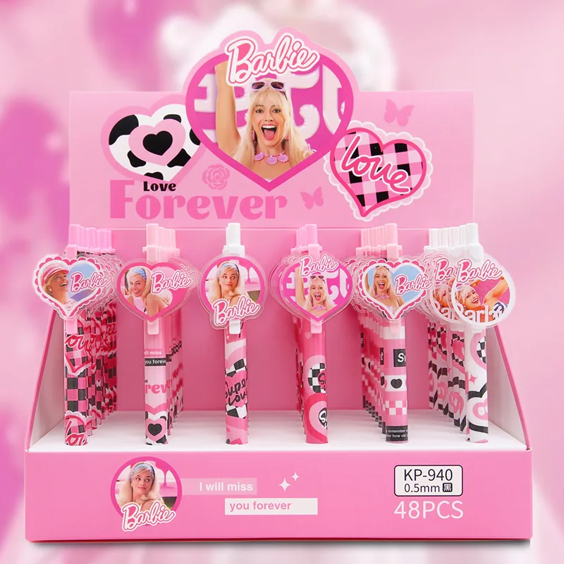 48Pcs Cute Barbie Press Pen Pink Girly Heart Scatola Acrilica Press Water Pen Studente Apprendimento Cancelleria Anime Cartoon Doll Supplies