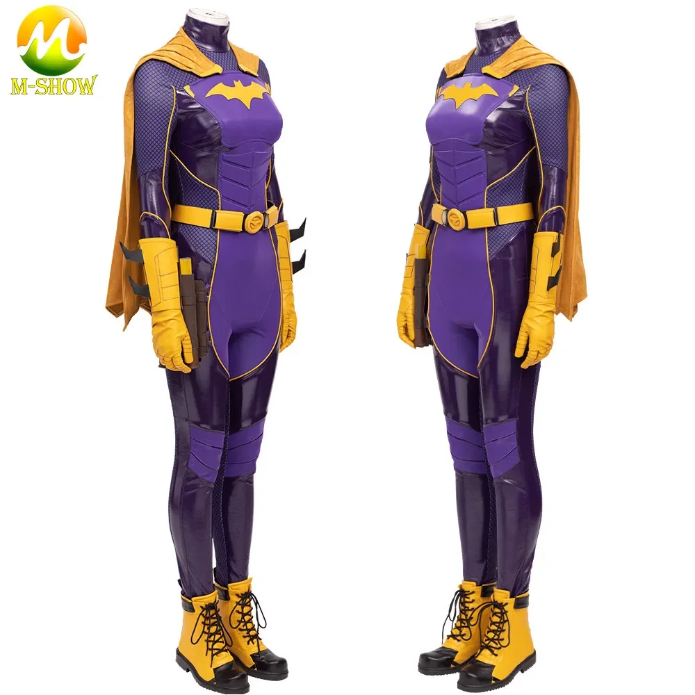 The Bat Gotham Knight Costume Cosplay Barbara Gordon Outfit Tuta In Ecopelle Viola Con Mantello Halloween Fancy Suit