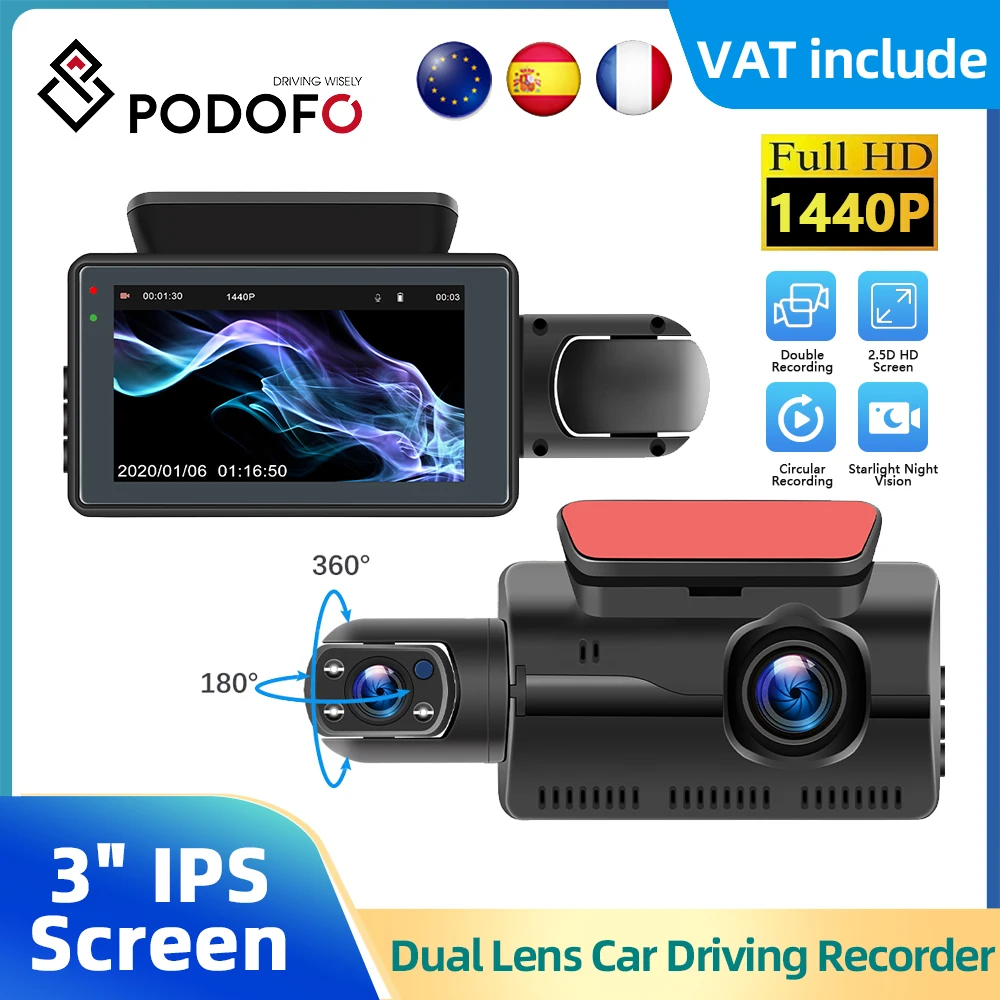 Podofo 3 "Registratore Di Guida Per Auto Anteriore E Interno Fotocamera A Doppia Lente Dash Cam Wide Angel Dvr Parcheggio Per Auto Retromarcia Visione