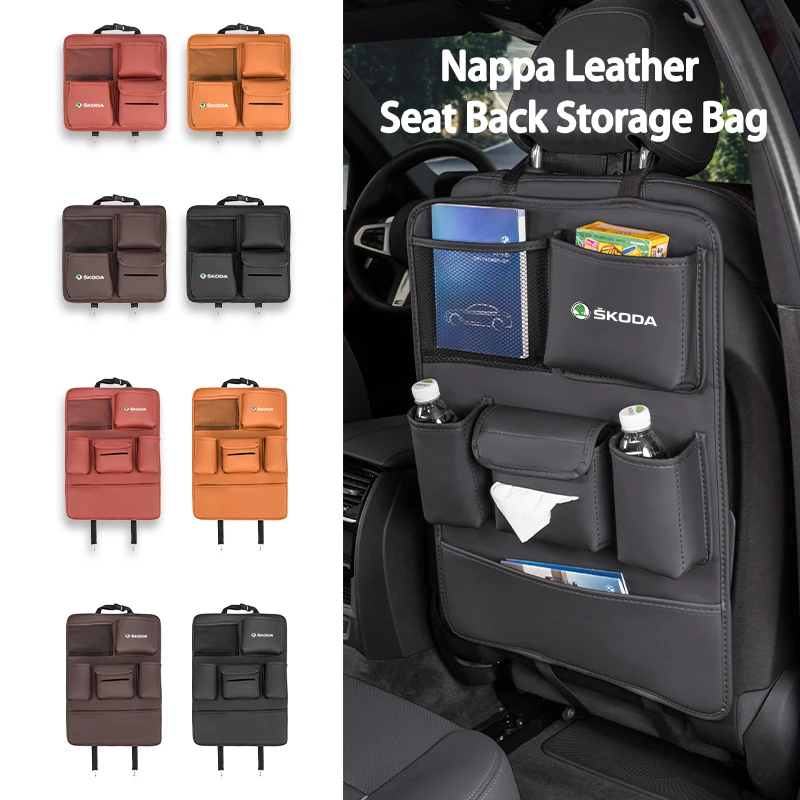 Per Skoda Leather Car Seat Back Hanging Storage Bag Tissue Box Organizer Roomster Citigo Enyaq Visions Derival Yeti Scala