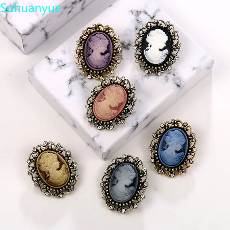 Vintage Gotico Stijl Hoofd Stand Cameo Broche Strass Broche Voor Vrouwen Party Bruiloft Siersieraden