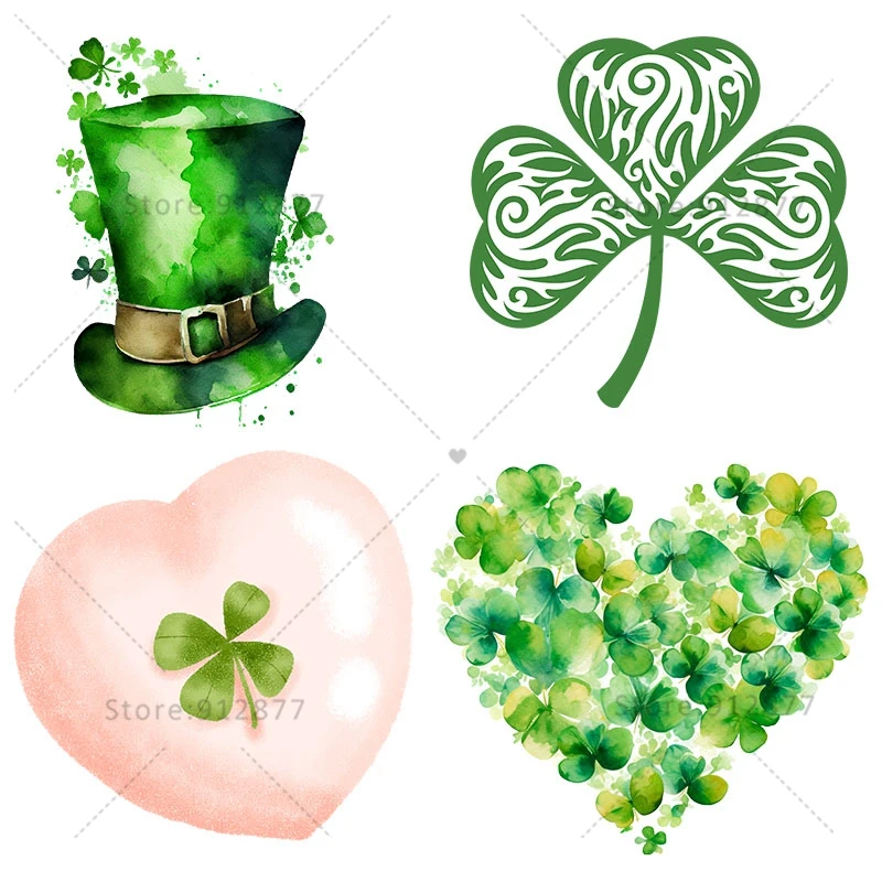 Plastisol Heat Transfer Label Green Luck Four Leaf Heart Shape Lucky Ties Occhiali Gomes Heart Shape Leprechaun Hat Jacket Patche