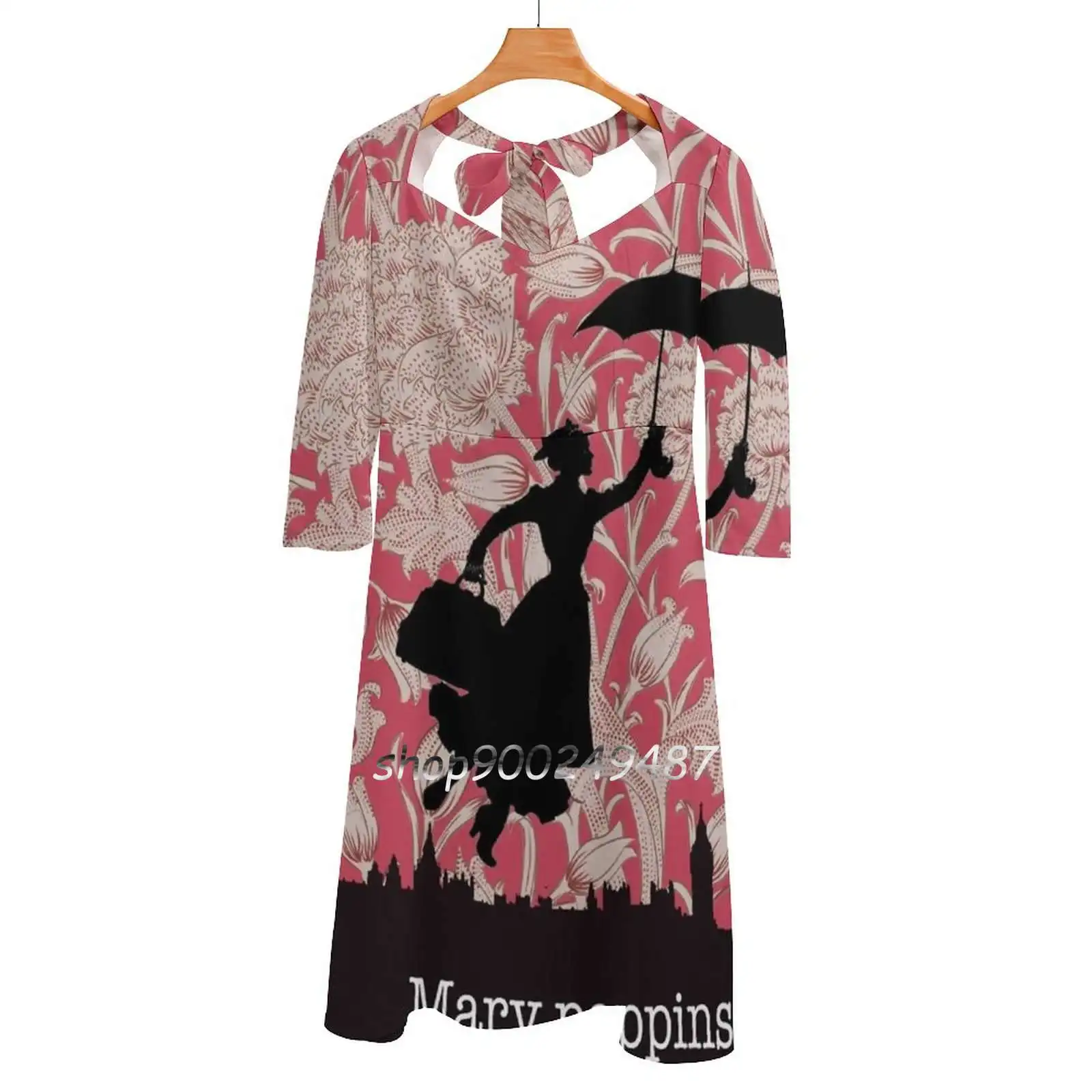 Mary Poppins Abito Svasato Abito Collo Quadrato Elegante Abito Stampato Moda Femminile Mary Poppins Silhouette Copertina Libro Musicale