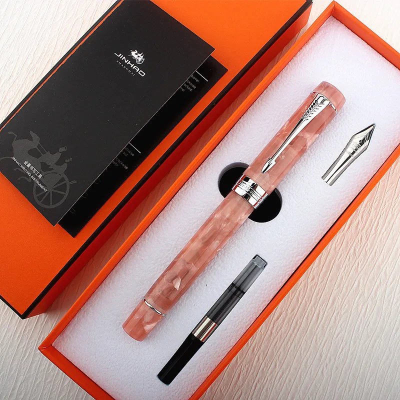 Jinhao 100 Penna Stilografica Cherry Blossom Powder Acrilico Ef/F/M/Bent Nib Silvery Trim Con Penna Da Scrittura Convertitore