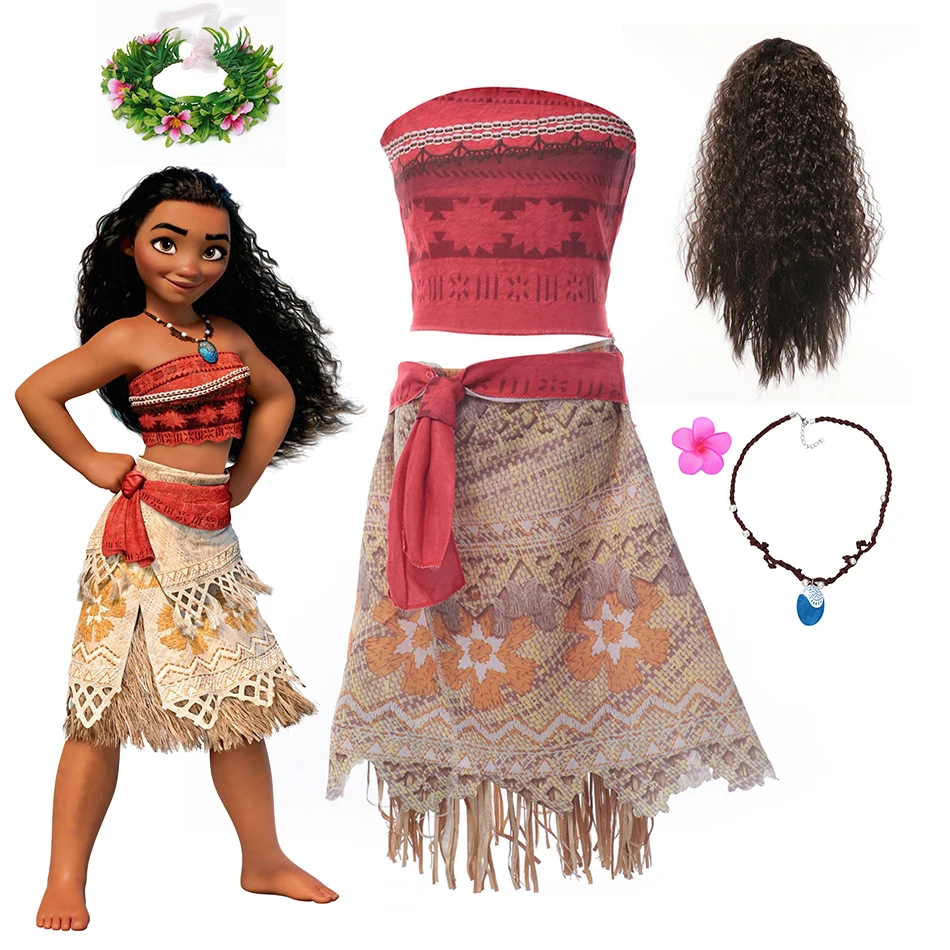 Disney Moana Costume Cosplay Vaiana Adventure Summer Girls Beach Dresses Kids Chirismas Party Clothes Con Collana Parrucca