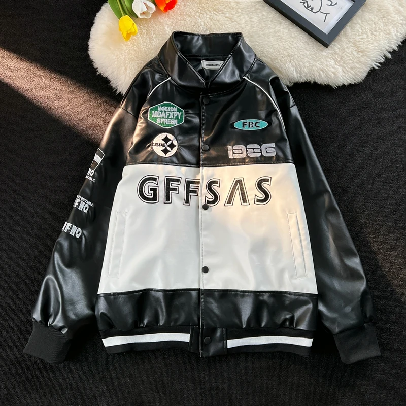 Giacca Americana Da Corsa In Pelle Pu Vintage Giacca Uniforme Da Baseball High Street Unisex Impiombata Streetwear Stile Hong Kong