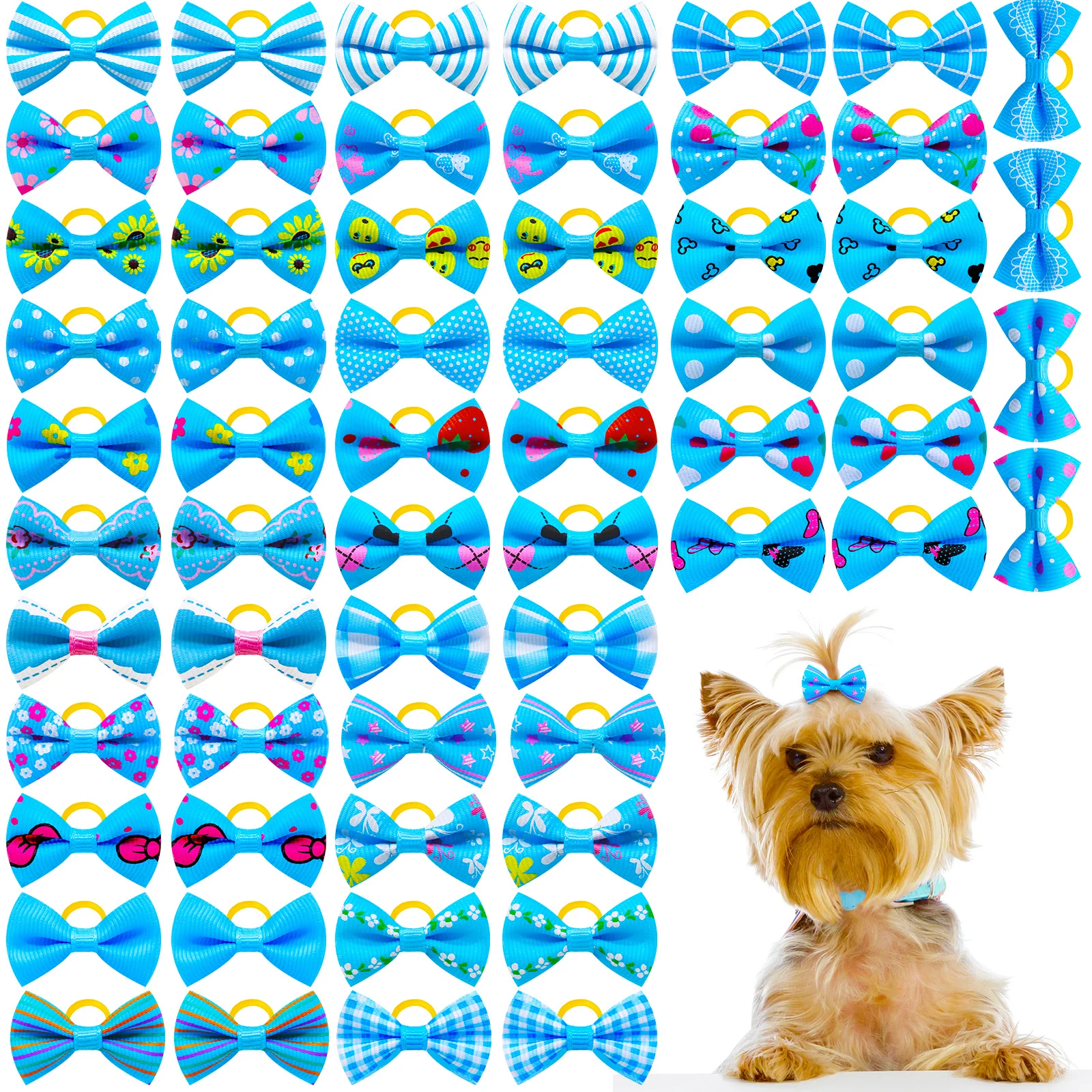 30Pcs Blue Dog Hair Bows Cat Dog Hair Bows Grooming Cute Puppy Kitten Hair Bows Con Elastici Per Copricapo Per Cani Di Piccola Taglia