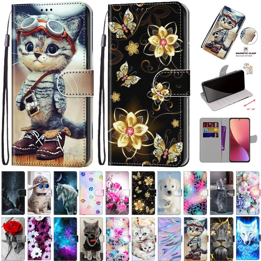 Custodia Fashion Flip Book Per Samsung Galaxy A50 A51 A52 A52S A53 A54 A02S A04 A04S 5G Card Animal Flowers Wolf Cat Dog On Cover