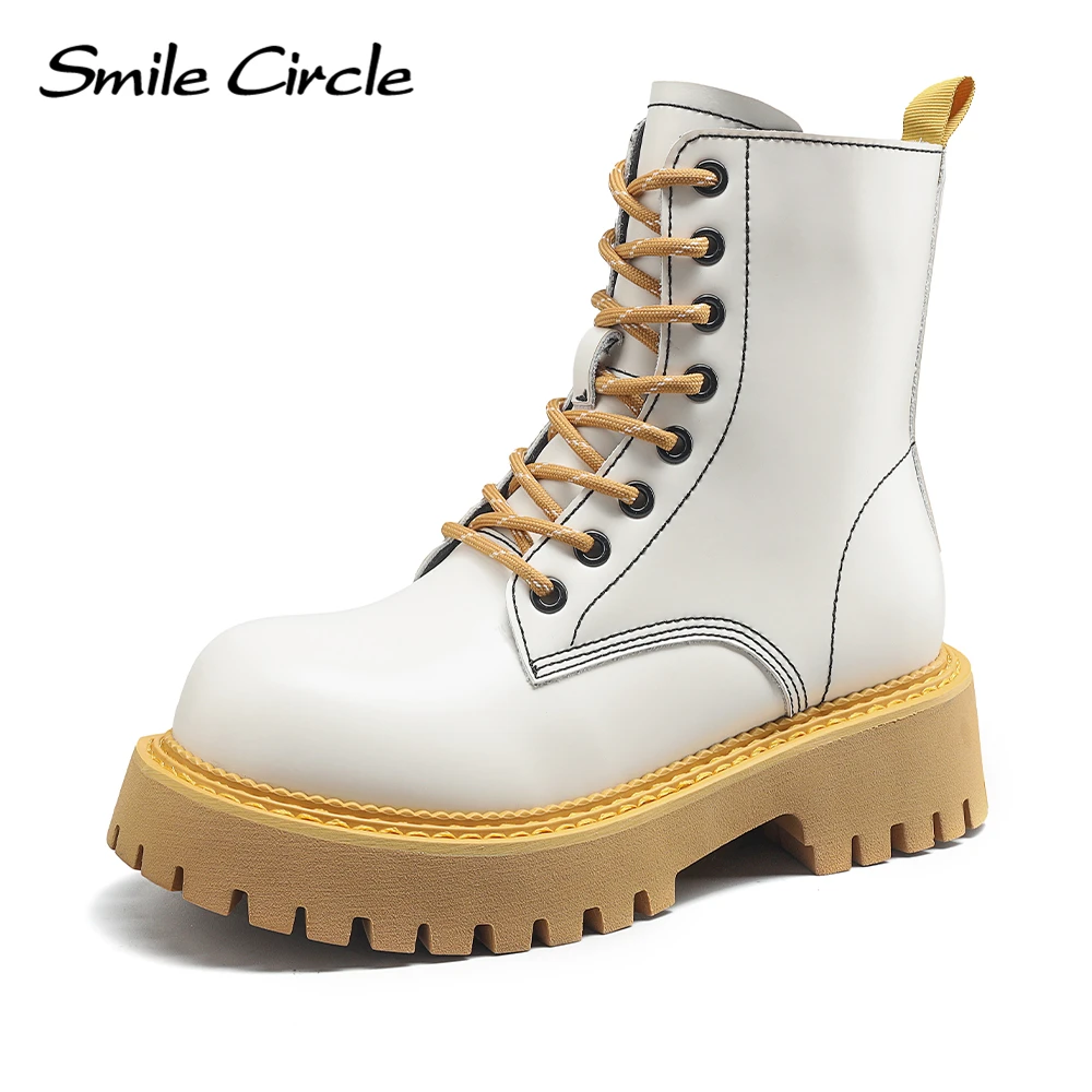 Smile Circle Chunky Boots Donna Platform Stivaletti In Vera Pelle Punta Tonda Stringata Autunno Inverno Moda Stivali Da Moto