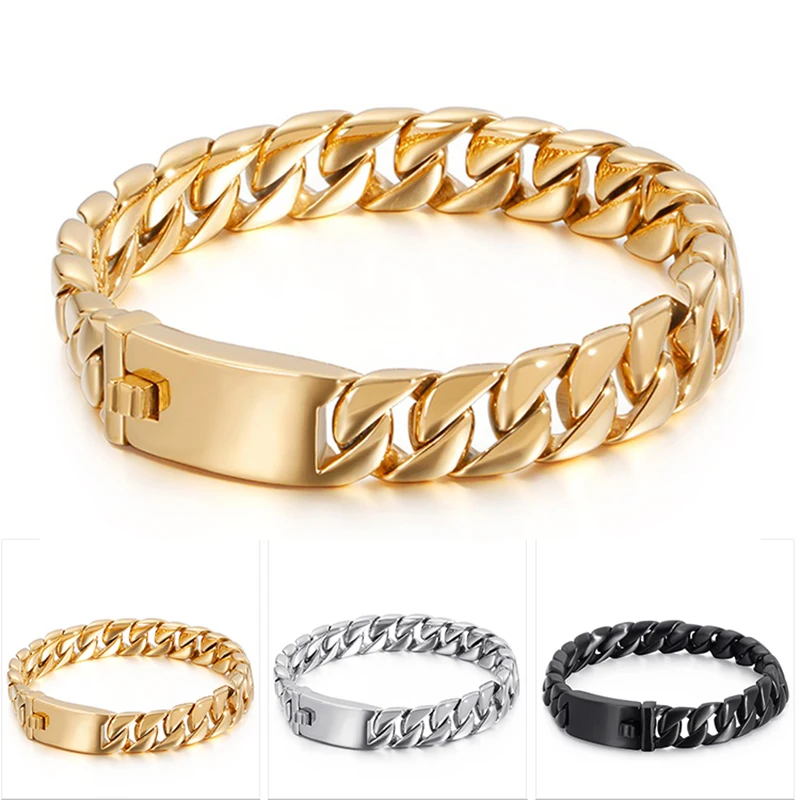 12Mm Punk Miami 18K Gold Plate Cuban Curb Chain Bracciali Uomo Donna Hiphop Retro Stainless Steel Bike Biker Link Bangle Jewelry