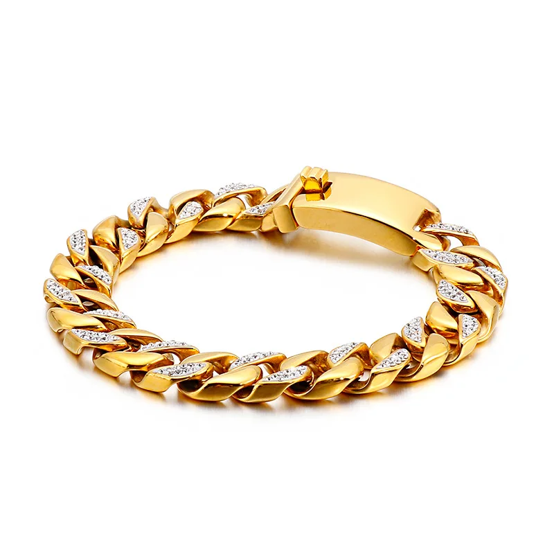 12Mm Punk 18K Gold Plate Cuban Curb Link Chain Bracciale Uomo Donna Hiphop Retro Stainless Steel Bike Cz Zircone Bangle Jewelry