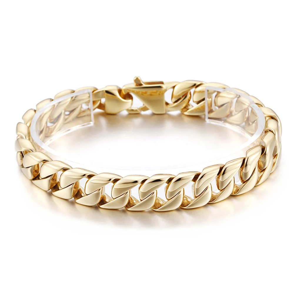 12Mm Miami 18K Color Oro Uomo Donna Curb Cuban Chain Link Bracciale Gioielli Punk Hiphop Braccialetti Da Motociclista In Acciaio Inossidabile