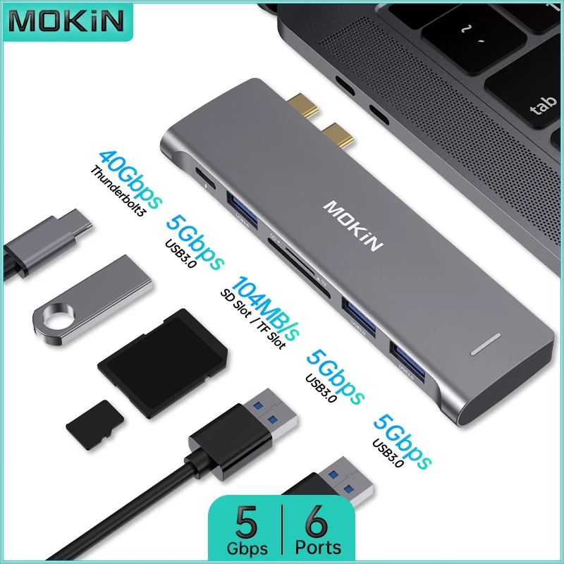 Docking Station Mokin Per Macbook Air/Pro, Ipad, Laptop Thunderbolt 6 In 2: Usb 3.0, Sd, Tf, Thunderbolt, Hub Di Connettività Avanzato