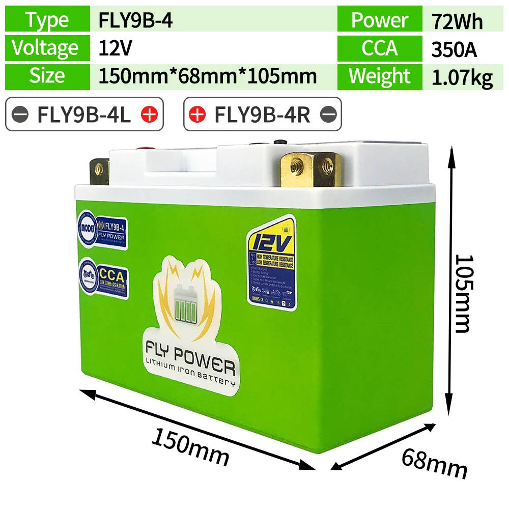Fly9B-4 12V Moto Lifepo4 Batteria Cca 350A Con Bms Scooter Batteria Al Litio Ferro Moto Sostituire Yt9B-Bs Yt9B-4 Gt9B-4