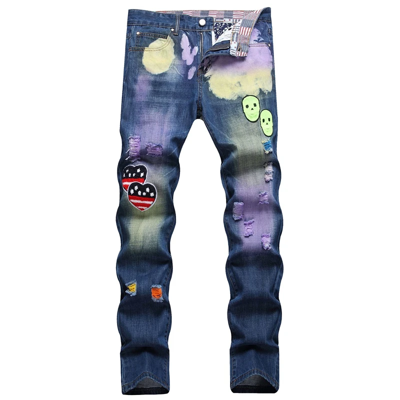 New Men'S Jeans Europe United States Slim Stretch Fashion Hole Pasted Cloth Printing Hip Hop Denim Motorcycle Streetwear