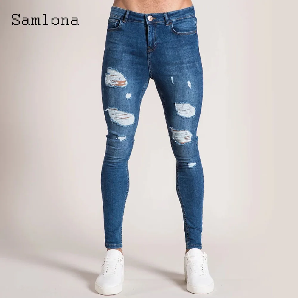Samlona Plus Size Uomo Sexy Buco Jeans Pantaloni In Denim Pantaloni Stampati Casual Abbigliamento Uomo 2024 Moda Europea Pantalon Strappato