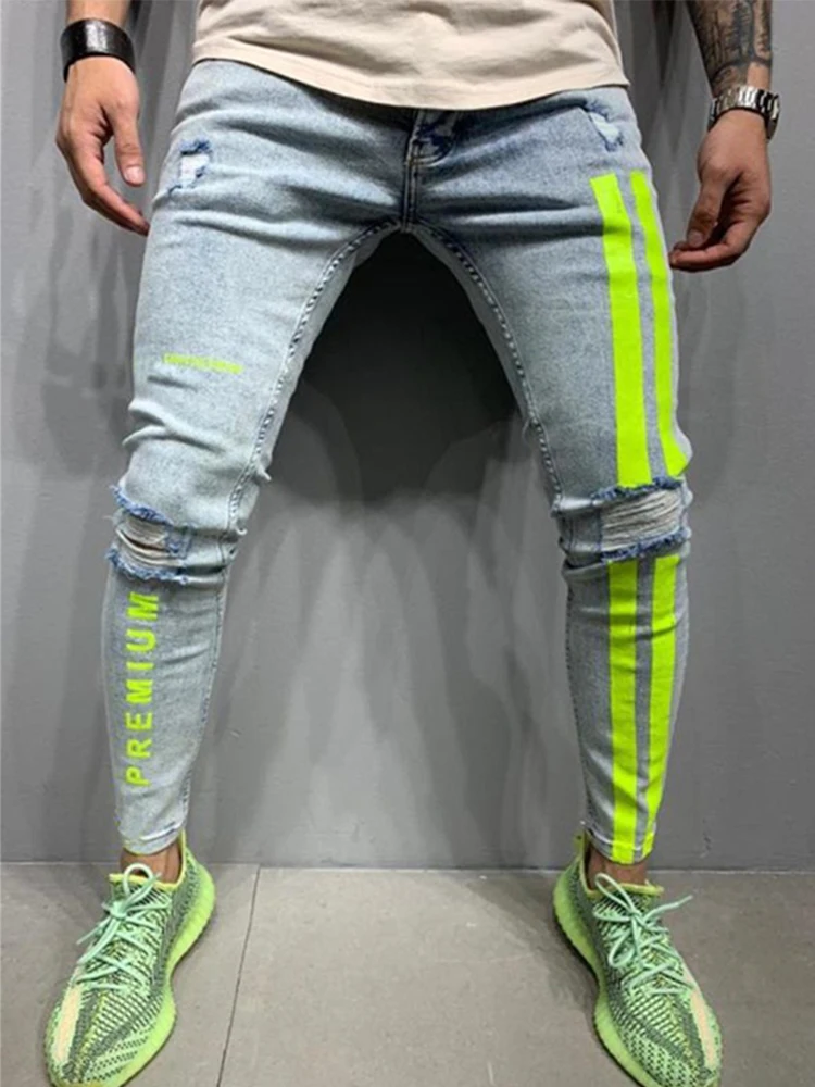 Jeans Strappati 2022 Uomo Skinny Striped Zipper Denim Hole Wash Pantaloni Da Lavoro Hip Hop Vintage Slim Jeans Neri Stampati Uomo Nuovo