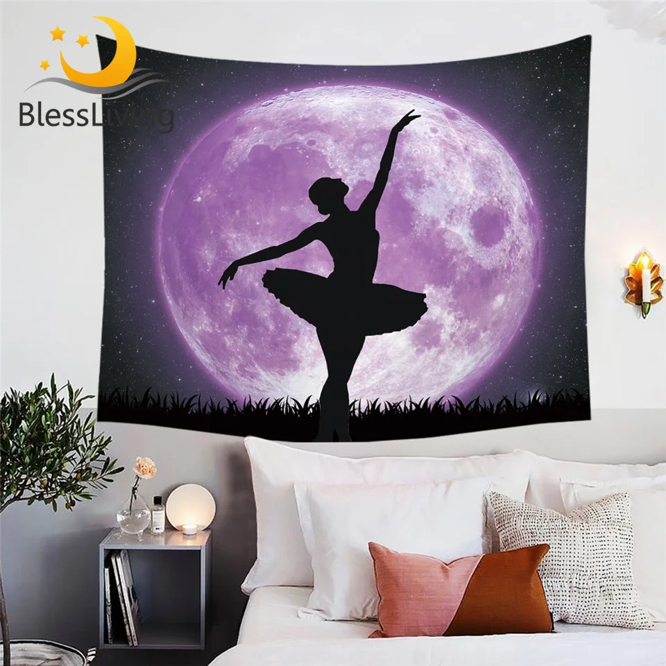 Blessliving Ballet Wall Hanging Giant Purple Moon Tapestry Dancing Girl Tapiz 150X200Cm Galaxy Night Sky Elegante Tappeto Da Parete