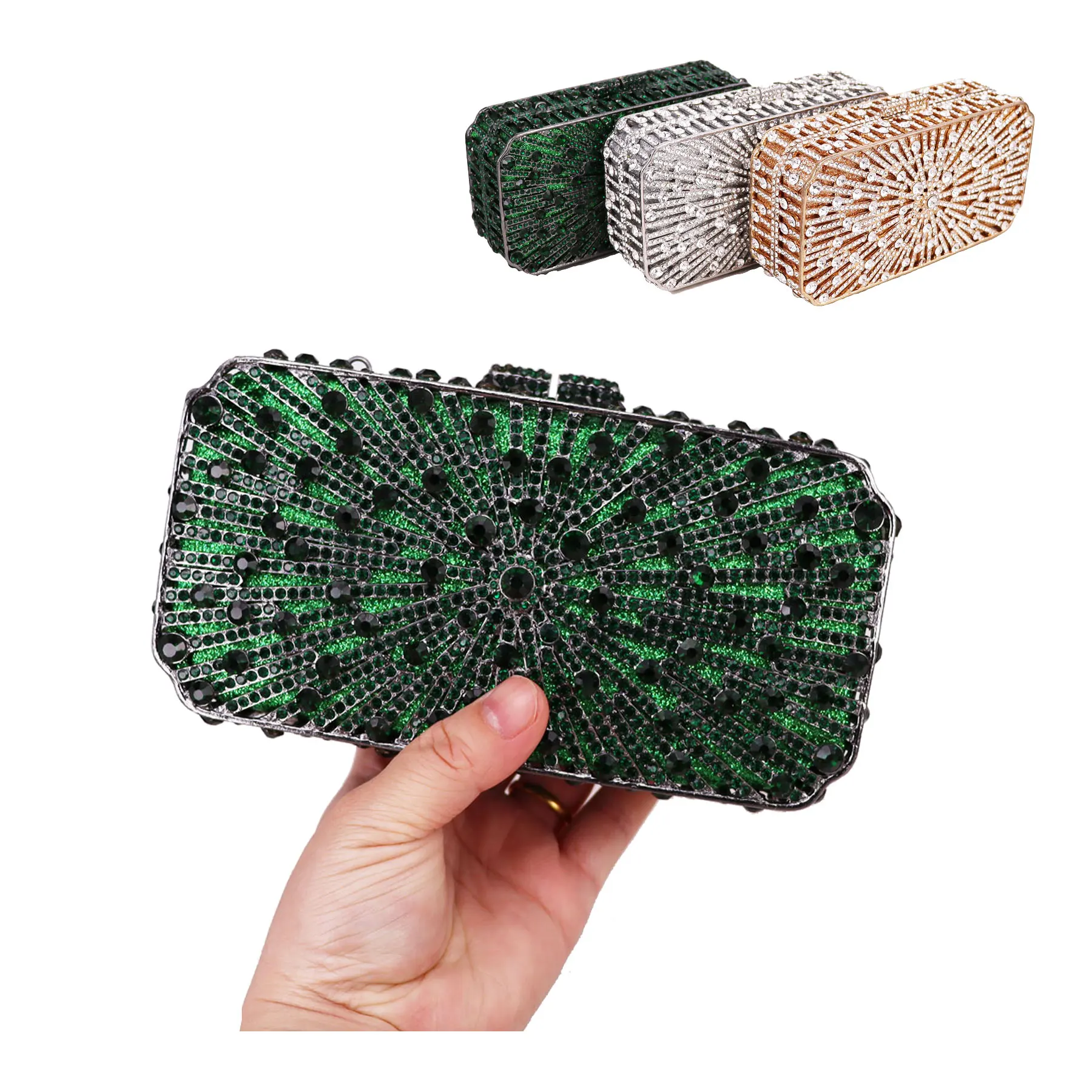 Luxury Green Silver Boutique Pochette Crystal Diamond Clutch Bags Per Le Donne Borse Da Sera Box Pouch Handbags Sm204