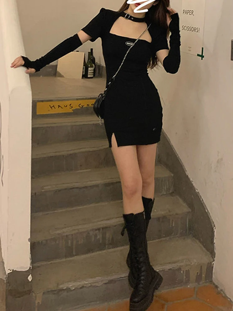 2022 New Vintage Black Bandage Sexy Dress American Retro Dress Spice Girls Hollow Out Abito Manica Corta Sexy Dress Temperament