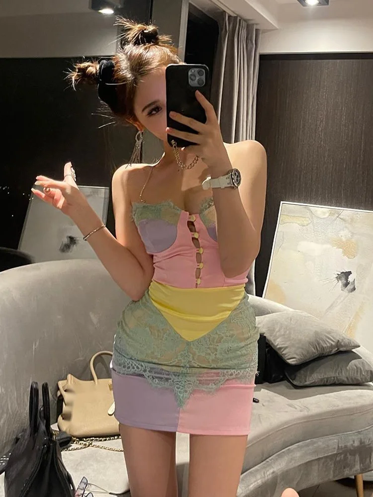 Spice High Quality Girls Tank Slip Dress Women Tight Lace Mesh Super Sweet European Women Streetwear Korena U689