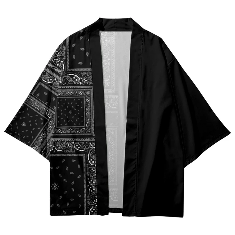 Giapponese Streetwear Patchwork Stampa Geometrica Samurai Kimono Cardigan Moda Tradizionale Donna Uomo Nero Haori Yukata