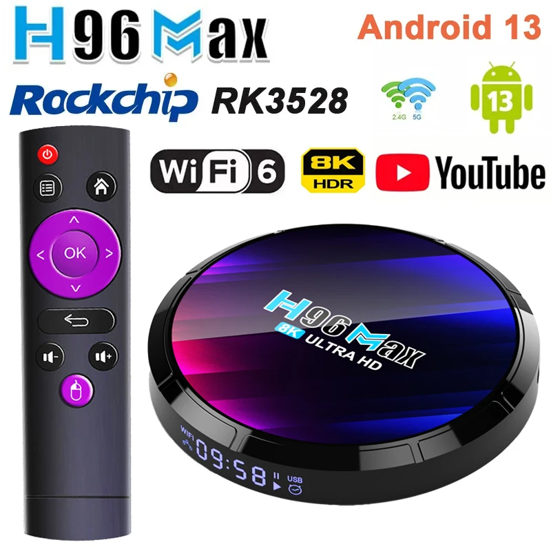 Android 13 Tv Box H96 Max Rk3528 2.4G 5G Dual Wifi 8K 1080P Hdr Media Player Av1 Wifi6 3D Bt5.0 4G 32/64G Smart Set Top Box