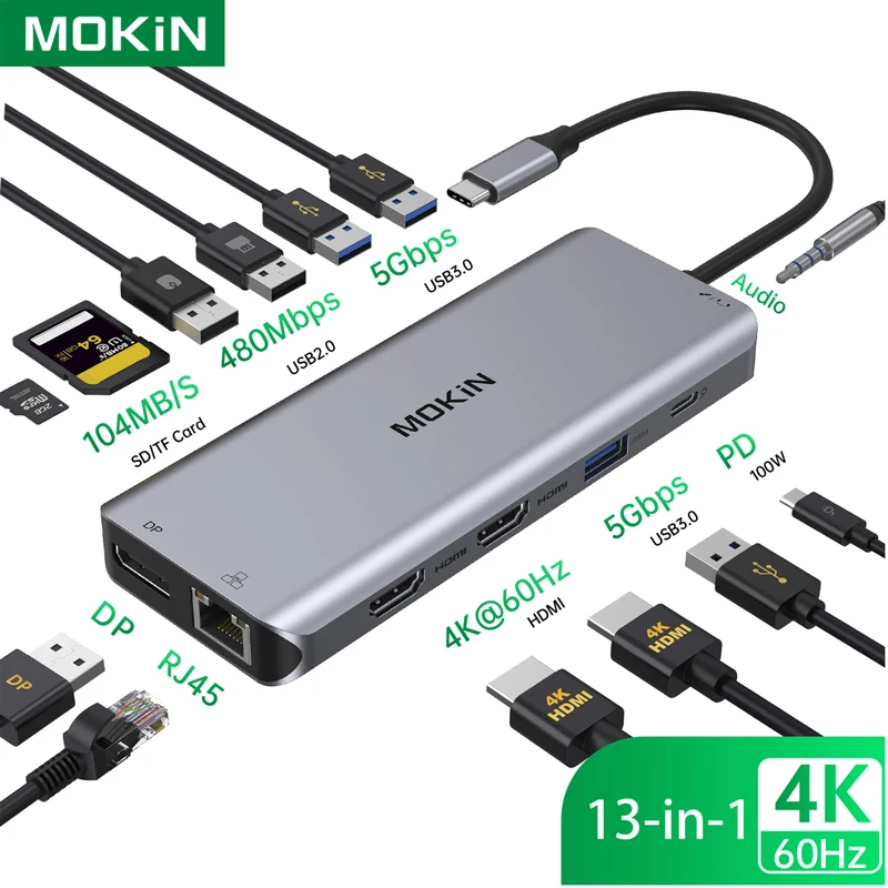 Mokin Usb C Hub 4K 60Hz Adaptor Tipe C Ke Hdmi 2.0 Rj45 Pd 100W Untuk Macbook Air Pro Ipad Pro M2 M1 Aksesori Pc Usb 3.0 Hub