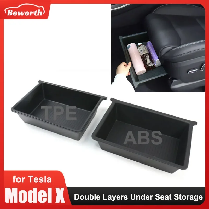 Per Tesla Model X Under Seat Storage Box Case Organizer Tpe + Abs Dual Layers Underseat Cassetto Vassoio Modelx Accessori Interni