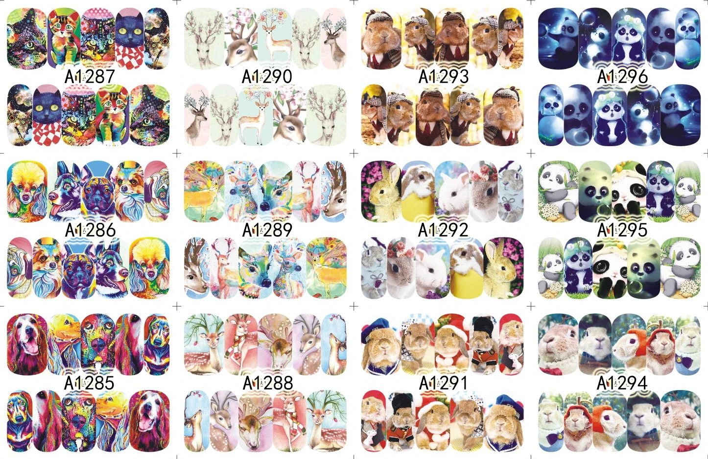 12 Fogli/Lotto Nail A1285-1296 Simpatico Animale Cervo Panda Copertura Completa Nail Art Acqua Adesivo Decalcomania Per Acqua Del Chiodo (12 Disegni I
