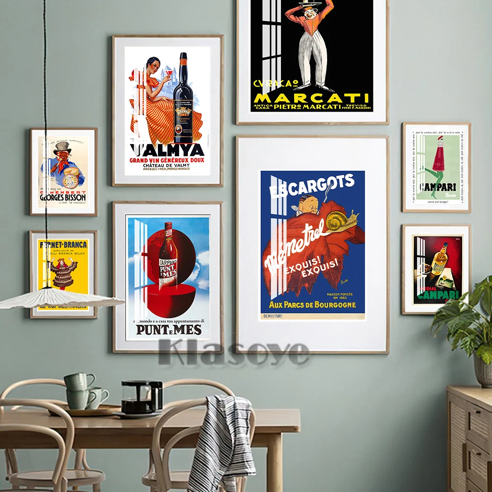 Stampe D'Arte Vintage Europee Poster Pubblicitari Liquore Escargot Formaggio Campari Bevande Educazione Alimentare Cucina Ristorante Decor