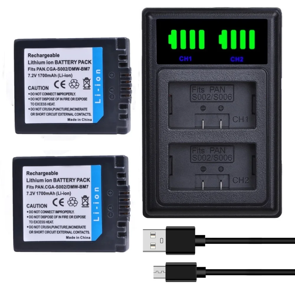 1700Mah Cga-S002E Cga-S002 Dmw-Bm7 Batteria/Caricabatterie Per Panasonic Cga-S002, Lumix Dmc Fz10 Fz20 Fz1 Fz2 Fz3 Fz4 Fz5 Fz15 Fz20