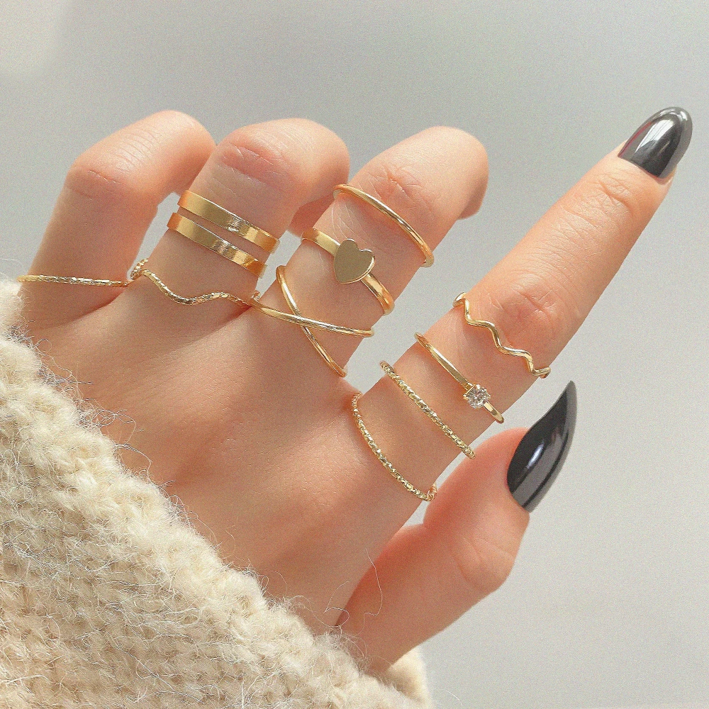 Ifme Crystal Pearl Rings Set Vintage Gold Color Rings Heart Hollow Twist Ring Accessori Farfalla Fashion Trendy Jewelry 2023