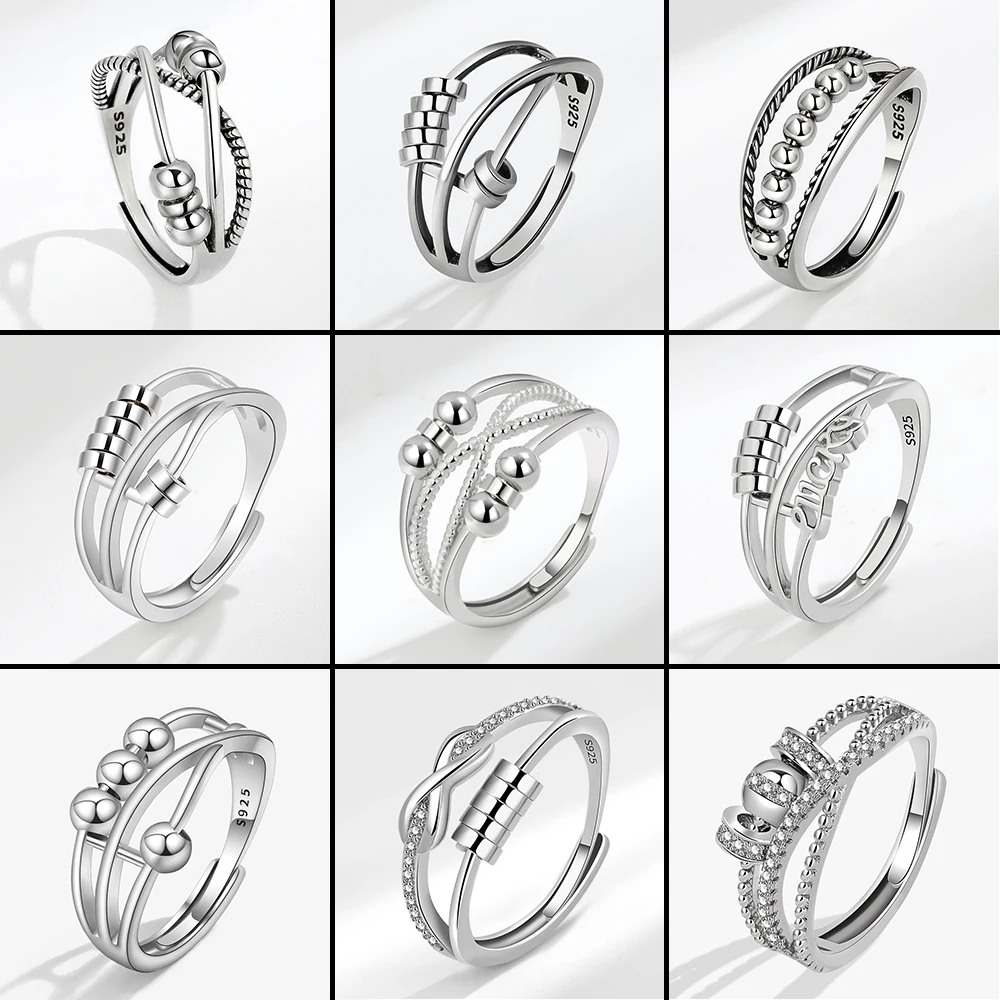 Round Bead Rotating Anxiety Luxury Woman Ring Twisted Fidget Metal Spinner Ansia Relief Spinning Anti Stress Ring Bague Femme
