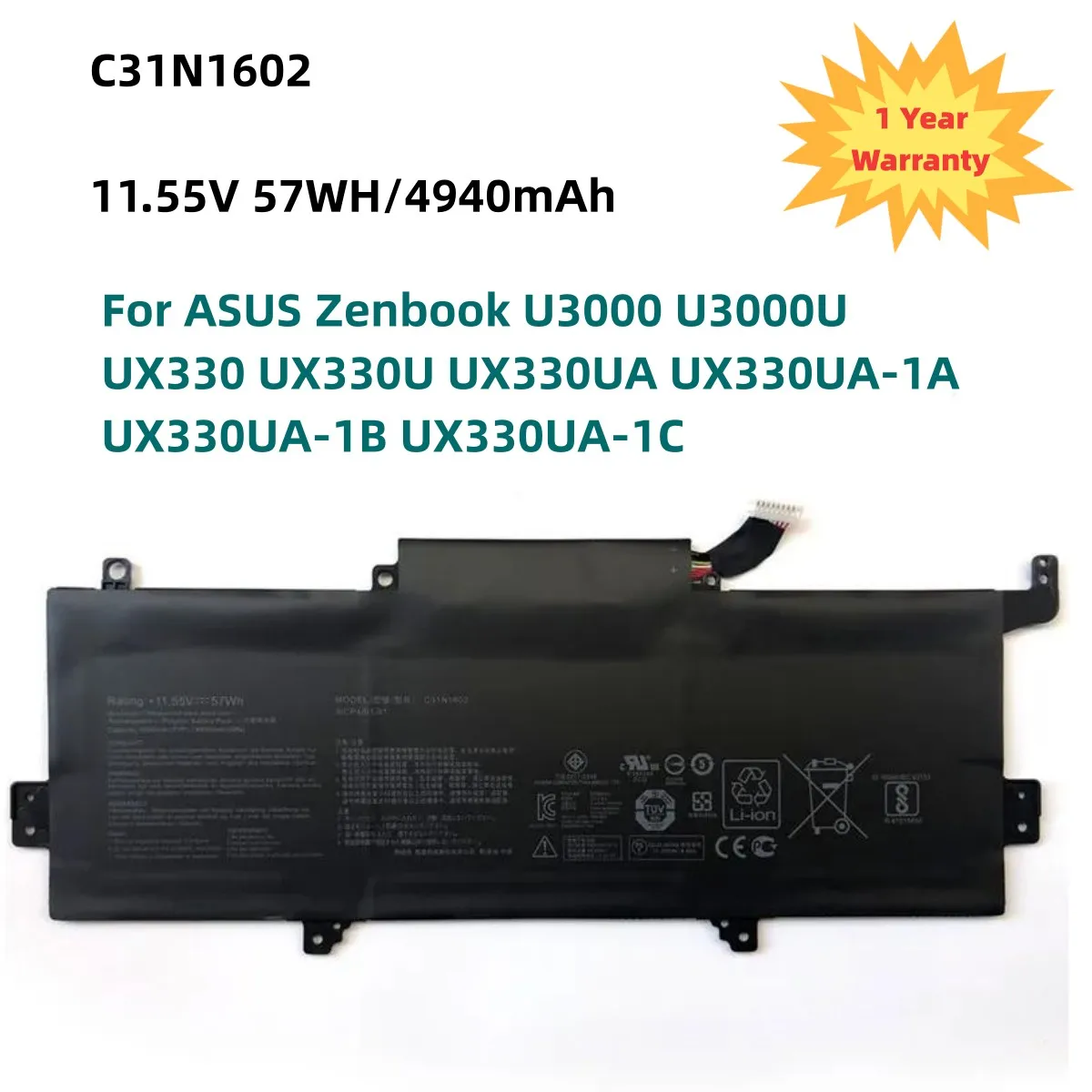 Batteria 11.55V 57Wh C31N1602 Per Asus Zenbook U3000 U3000U Ux330 Ux330U Ux330Ua Ux330Ua-1A Ux330Ua-1B Ux330Ua-1C 0B200-02090000