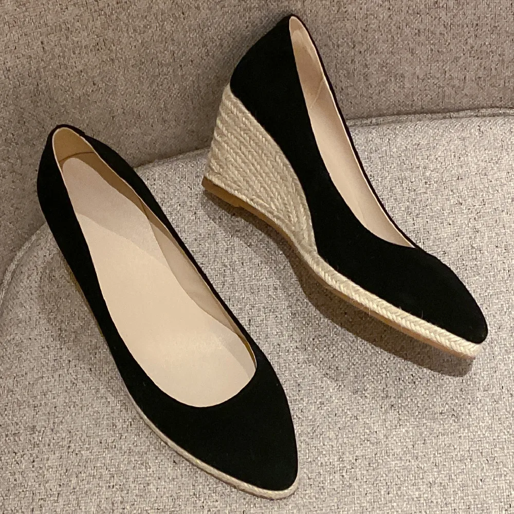 Women'S Natural Leather Wedge High Heel Round Toe Slip-On Pumps Elegant Ladies Hemp Heel British Style Female Casual Daily Shoes