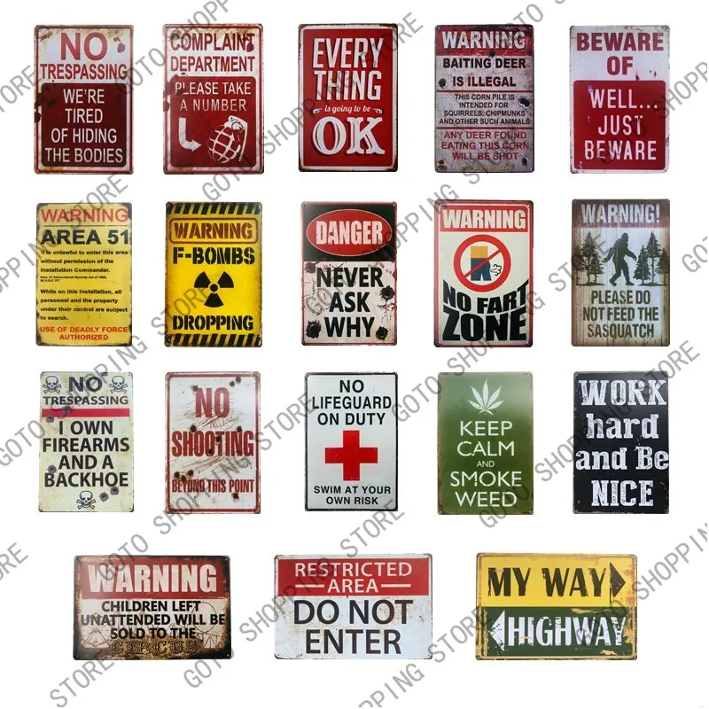 New Vintage Metal Tin Signs Work Hard Warning Poster No Scoreggia Zone Plate Garage Pub Wall Placca Garage Bar Home Wall Decor Tin S