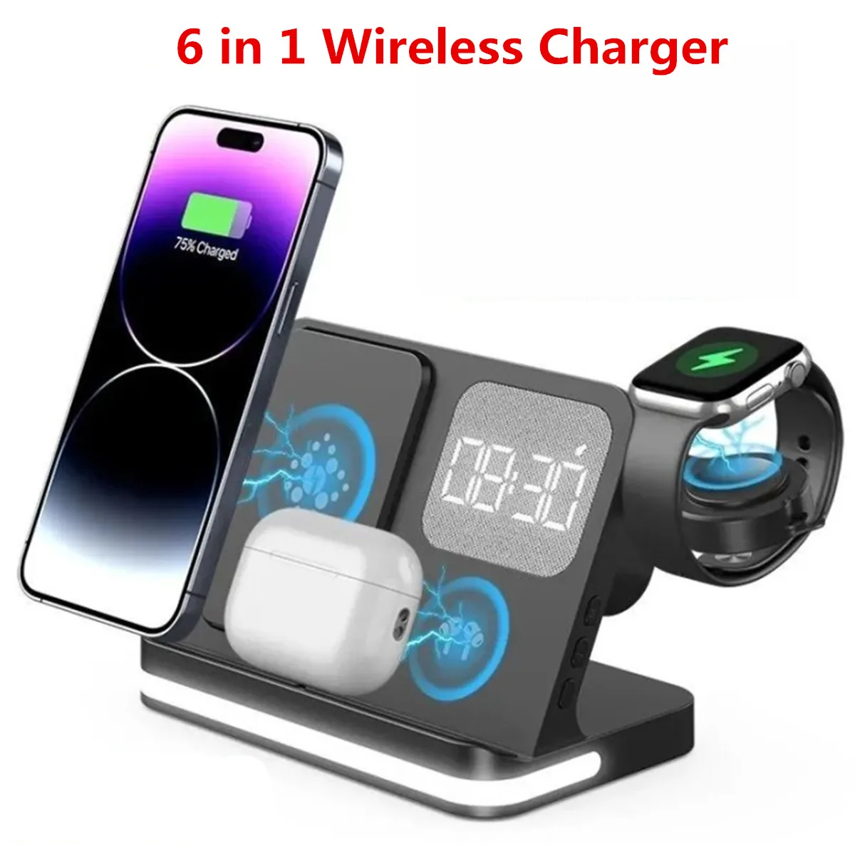 Supporto Per Caricabatterie Wireless 6 In 1 Dock Station Di Ricarica Rapida Wireless Da 15W Per Iphone Samsung Xiaomi Huawei Phones Iwatch Airpods
