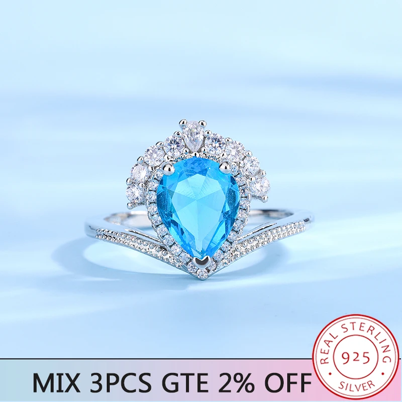 All-In-One Blue Drop Diamond Imitazione Gemstone Ring Shiny Full Diamond Zircone Luxury Banquet Style S925 Sterling Silver