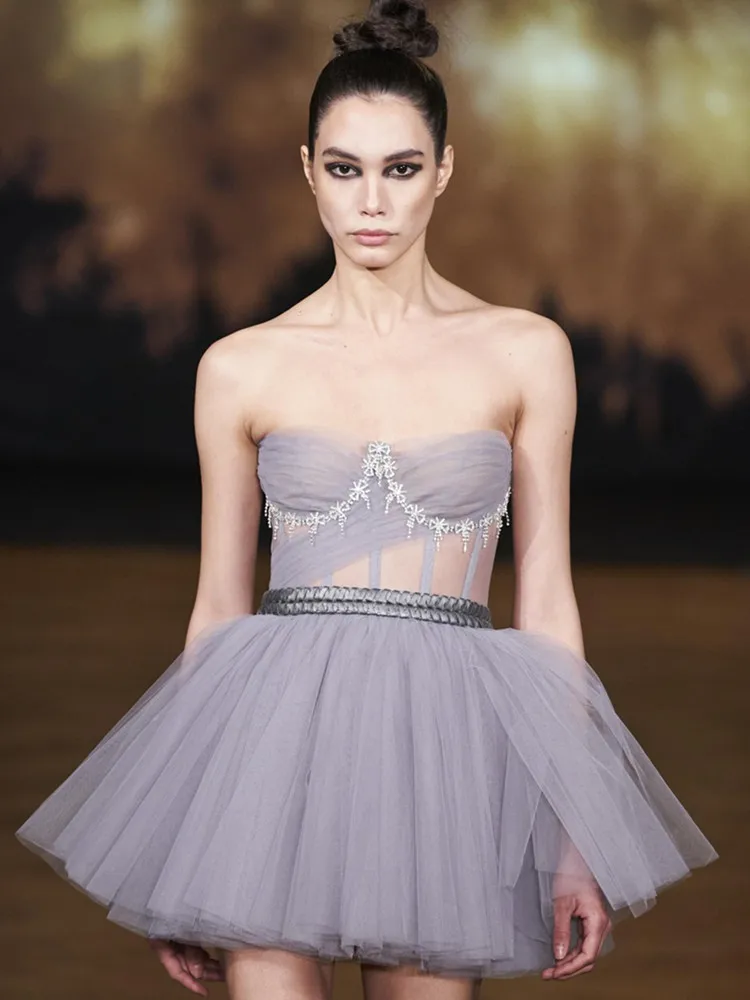 Luxury 2023 Summer Women Senza Spalline A Line Mini Sheer Fairy Dresses Diamonds Deco Celebrity Evneing Club Party Abito Da Damigella D'Onore