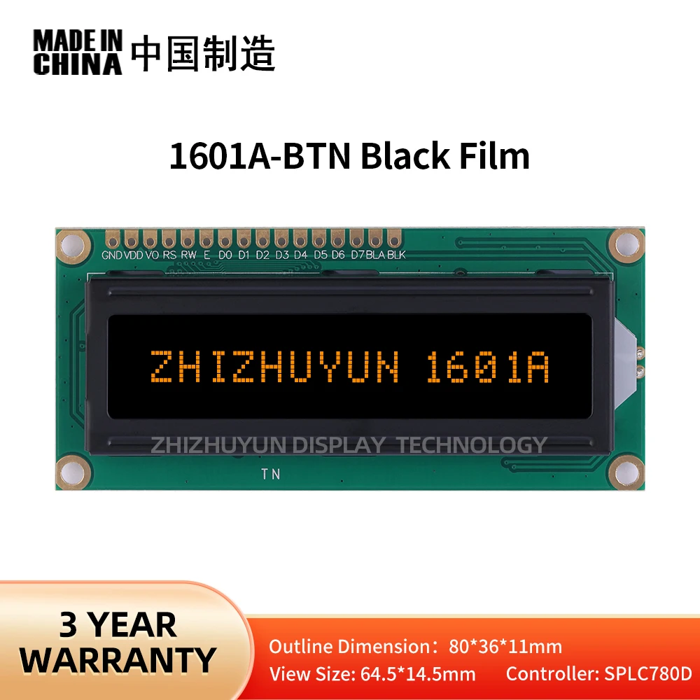 Lcd1601A Schermo Lcd Seriale Btn Pellicola Nera Carattere Arancione Schermo Lcd Inglese 80*36 1.5 Pollici