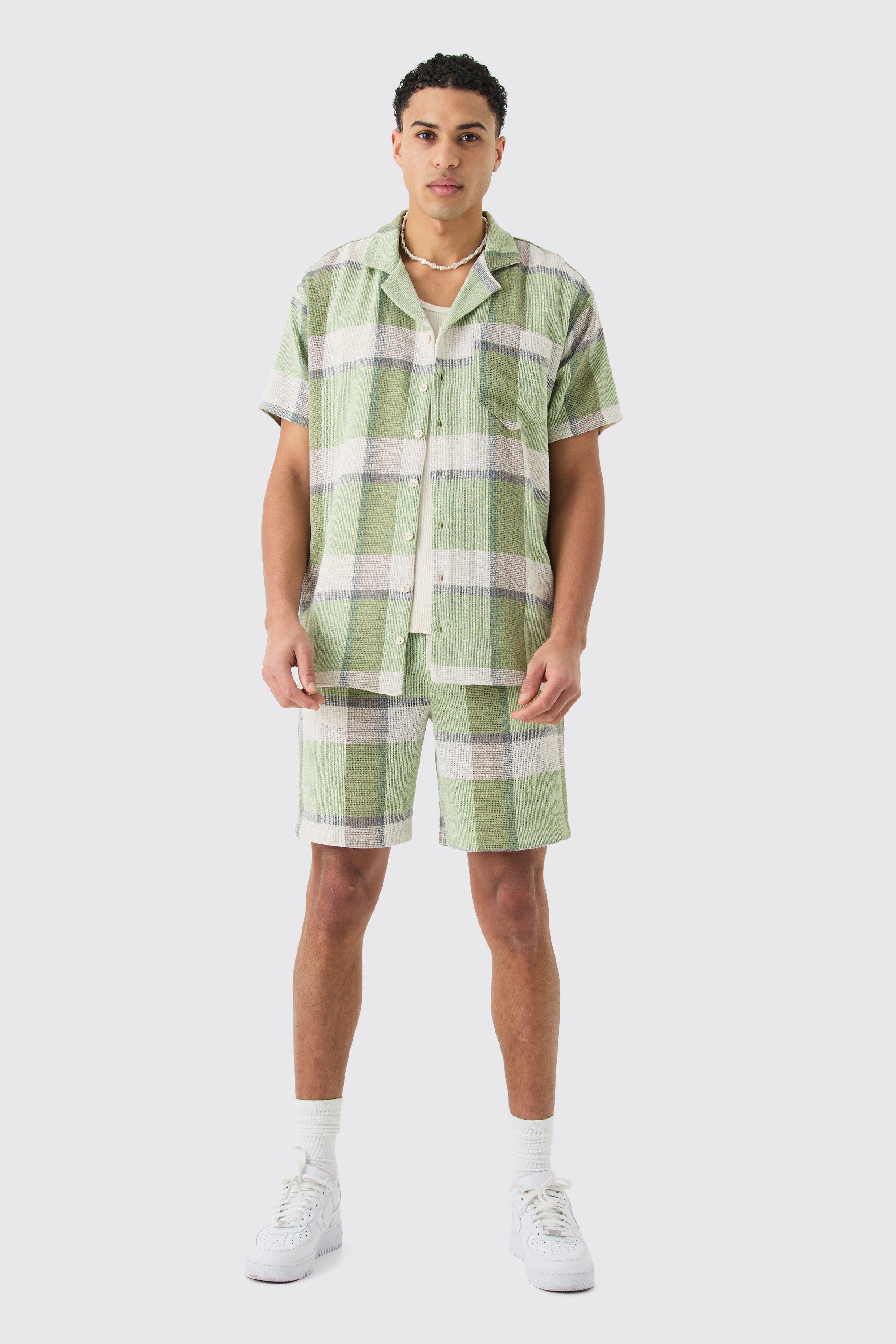 Oversized Textured Check Shirt And Short, Verde