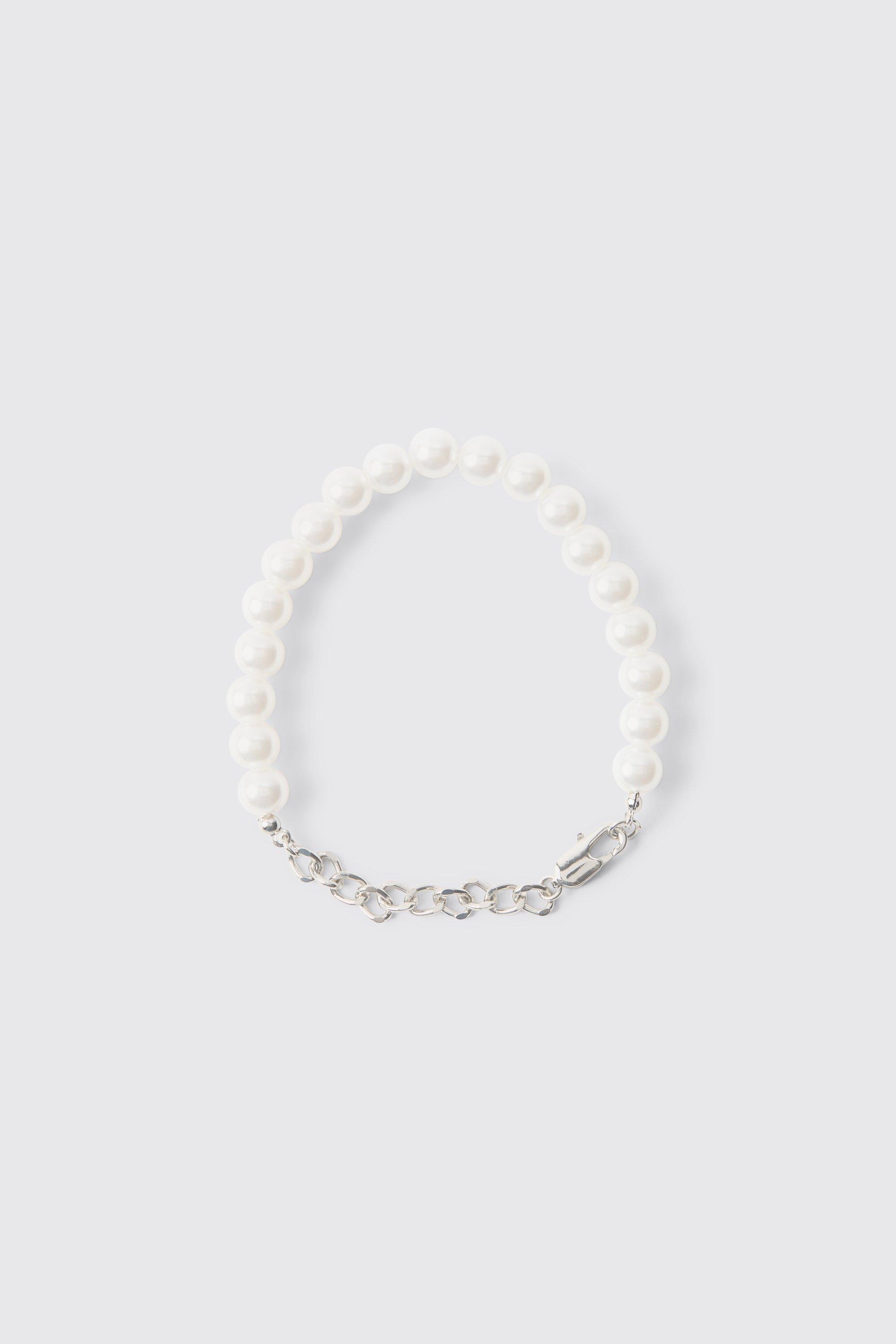 Pearl And Chain Metal Bracelet In Silver, Grigio