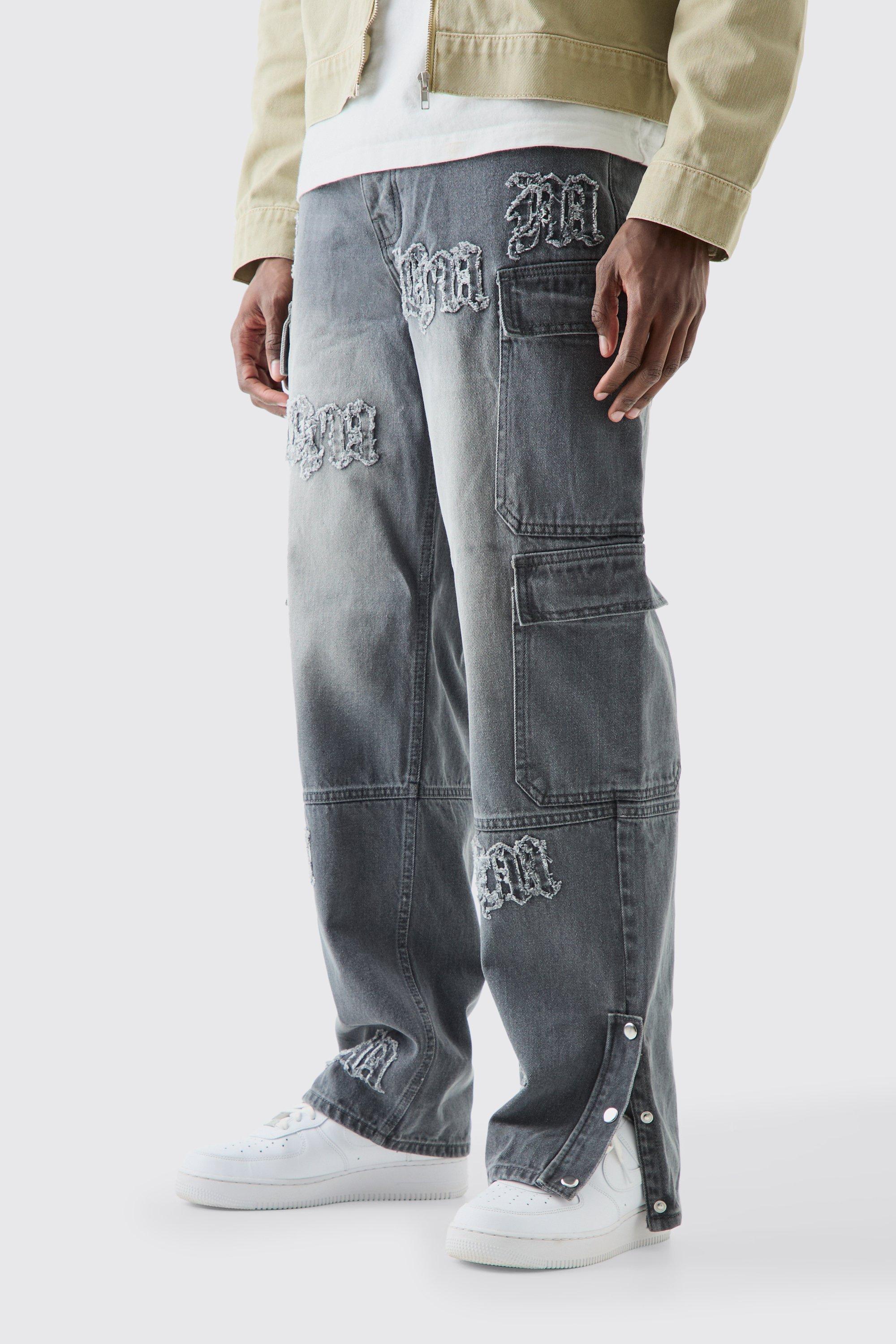 Baggy Rigid Bm Applique Multi Pocket Cargo Jeans In Grey, Grigio