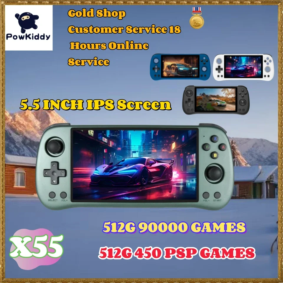 Powkiddy X55 Console Per Videogiochi Portatili Portatili Da 5.5 Pollici Ee Linux System Tv Hdmi Retro Player 512G 92000 Giochi Psp Ps1Gift