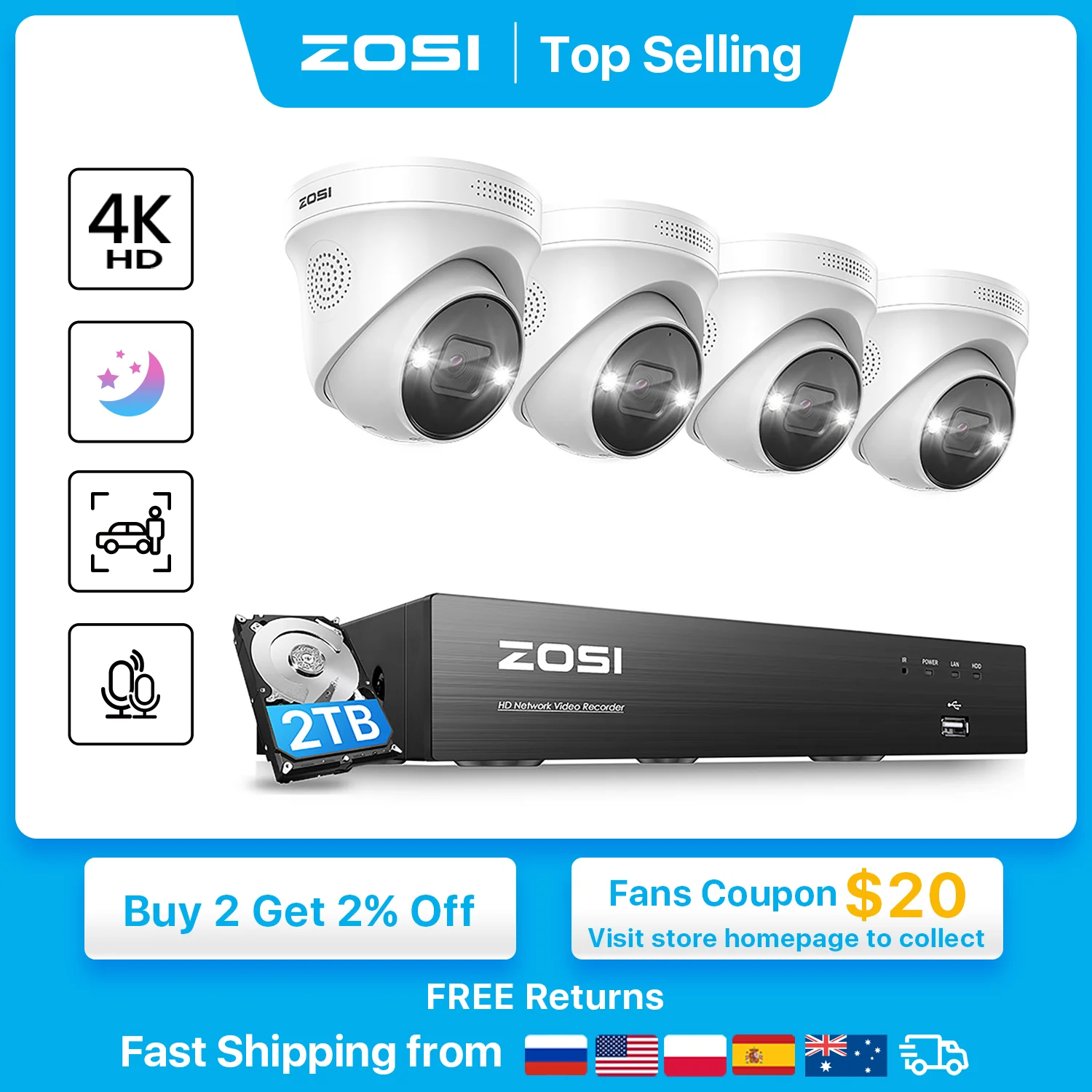 Sistema Di Telecamere Di Videosorveglianza Zosi 4K Poe 8Ch Espandi Il Kit Nvr 16Ch Audio Bidirezionale Out/Indoor 8Mp/5Mp Ip Camera Cctv Security Set