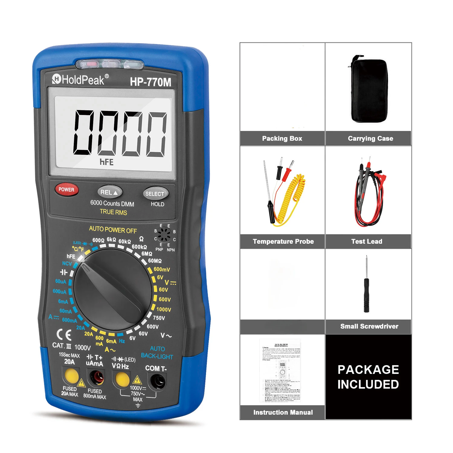 Holdpeak Multimetro Digitale Hp-770M Auto Range Rms Detector Ac/Dc Amperometro Voltmetro Ohm Ncv Hfe Transistor Tester Multimetro