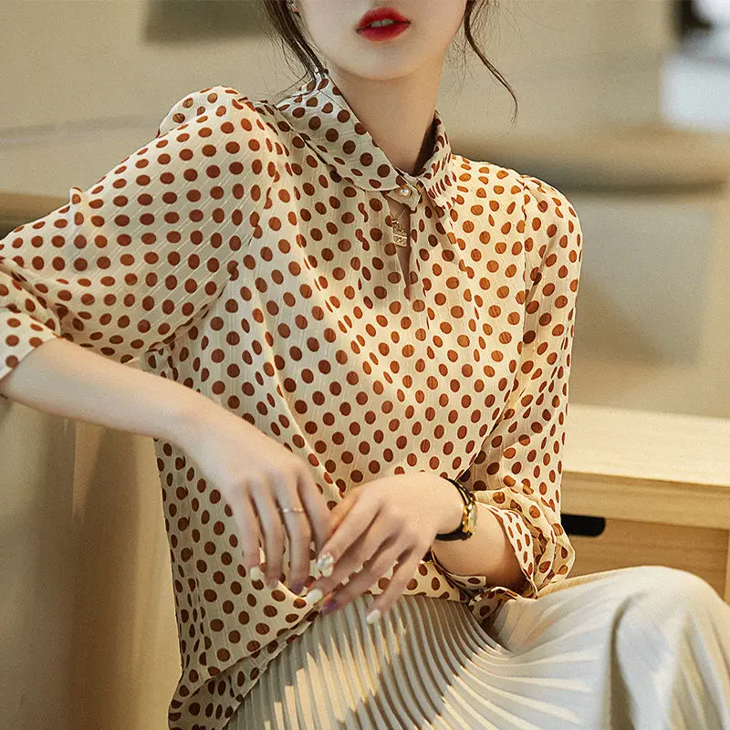 2022 New Fashion And Colorfast Retro Flair Polka Dot Print Small Lapel Long-Sleeved Shirt Top Women'S Spring  Sexy Blouse