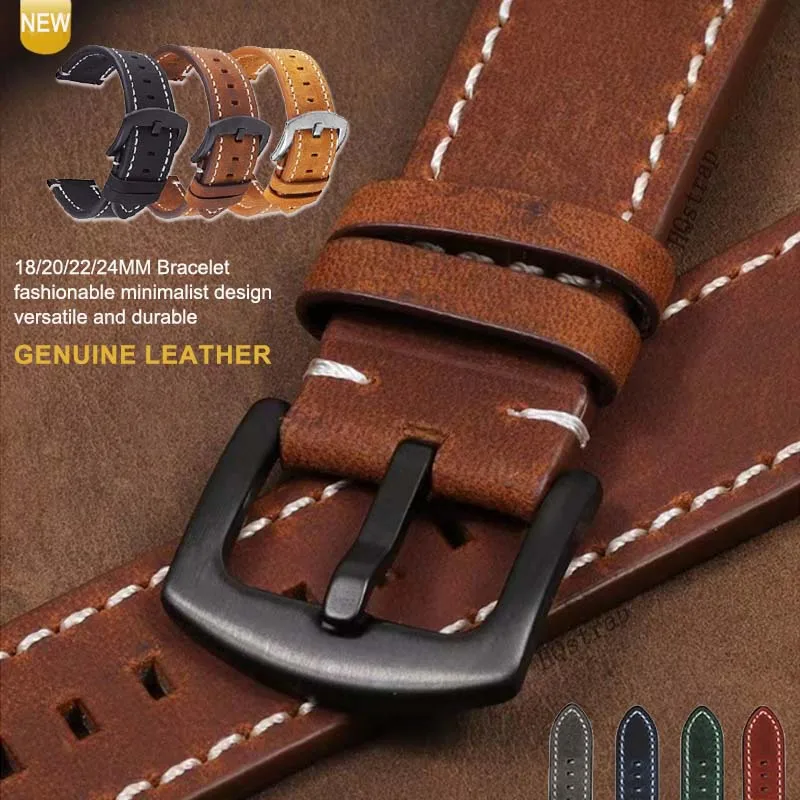 Genuine Leather Watch Strap 18Mm 20Mm 22Mm 24Mm Quick Release Band Universal Replacement Watchbands Retro Bracelet Accessories