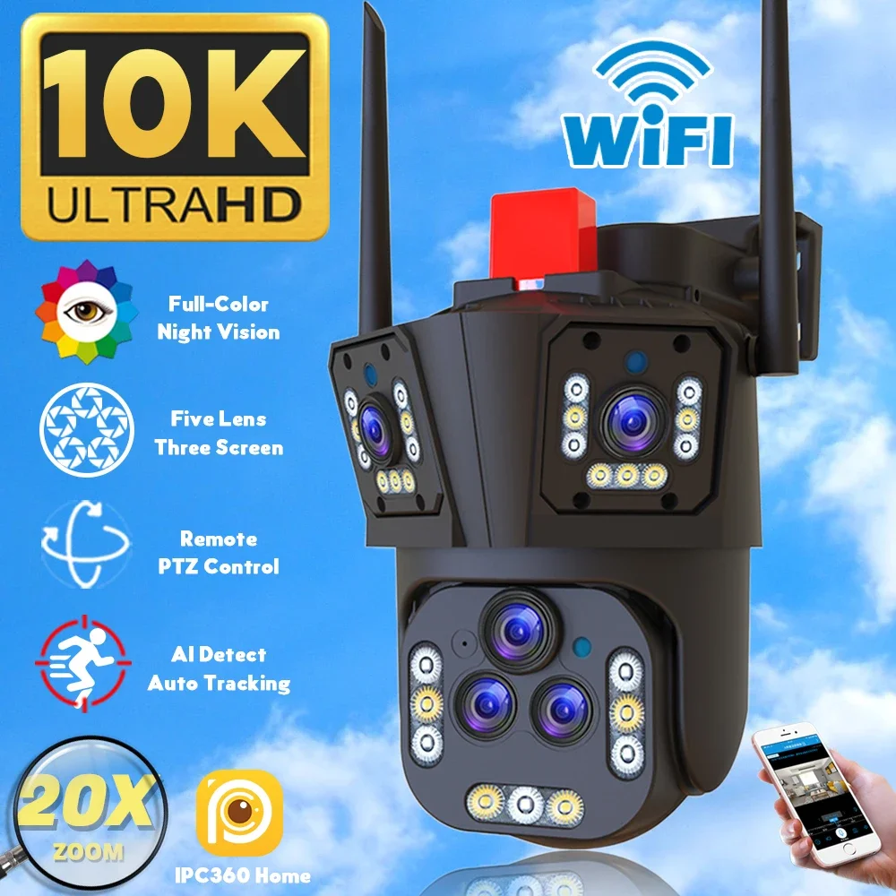Ultra 20Mp 10K Wifi Telecamera Di Sorveglianza Telecamera Esterna A Cinque Obiettivi Ptz 20X Zoom Smart Home Ai Human Tracking Telecamera Cctv Wireles